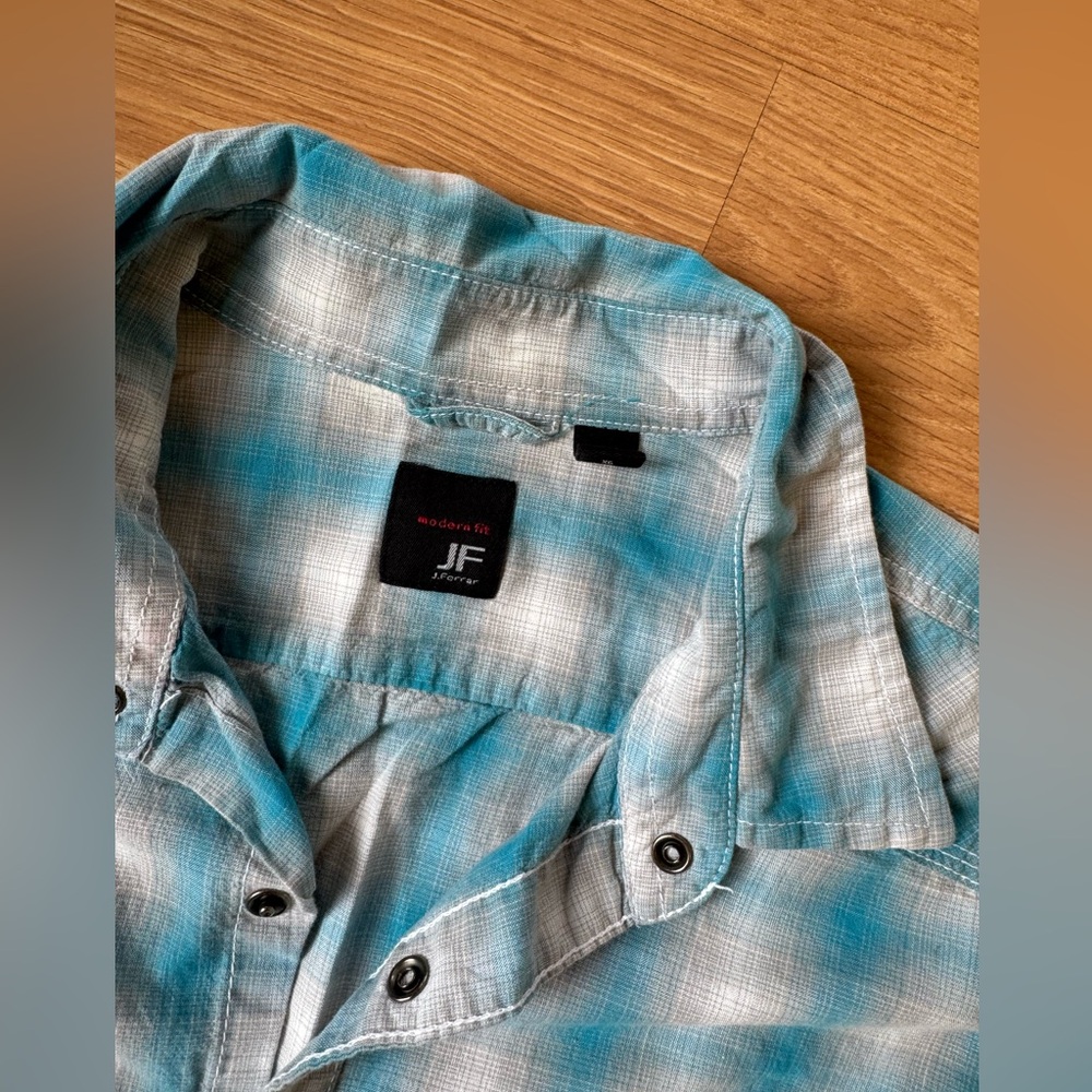 Men's Turquoise‎ Plaid Shirt by J Ferrar. Pearl snaps! XL - Picture 3 of 5